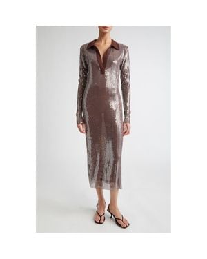 Monse Long Sleeve Sequin Mesh Midi Polo Dress - Brown