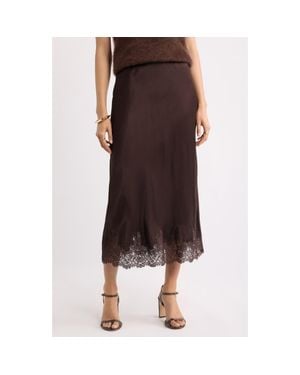 Nordstrom Lace Trim Satin Bias Midi Skirt - Brown