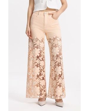 Bayeas Crystal Embellished Lace Wide Leg Jeans - Natural