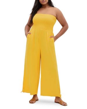 City Chic Ally Smocked Strapless Wide Leg Jumpsuit - Yellow