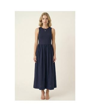 Modenaire Sleeveless Fit-And-Flare Maxi Dress With Seam Waist And Side Pockets - Blue