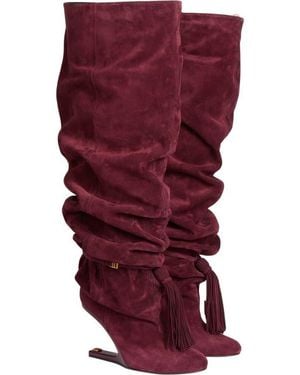 Balmain No Wedge Suede Leather Thigh-High Boots With Tassel - Red