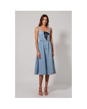 Modenaire Denim Midi Dress With Bow Detail - Blue