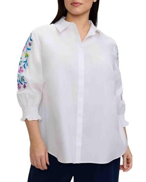 Foxcroft Olivia Embroidered Sleeve Stretch Cotton Blend Button-Up Shirt - White