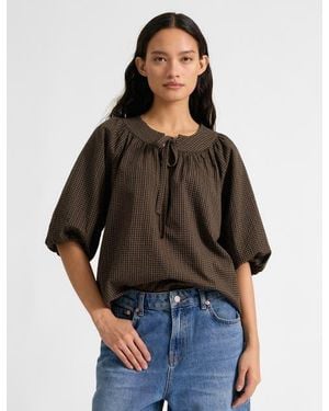Albaray Gingham Blouson Sleeve Top - Brown