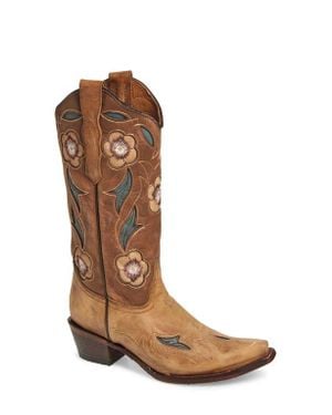 Circle Floral Embroidery Western Boot - Brown