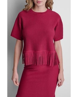 DKNY Fringe Short Sleeve Sweater - Red