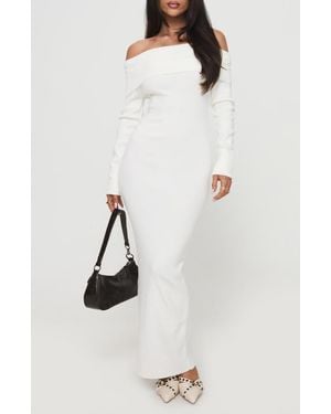 Petal & Pup Archie Off The Shoulder Long Sleeve Rib Maxi Sweater Dress - White