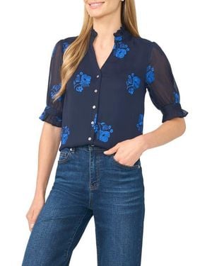 Cece Ruffle V-Neck Embroidered Top - Blue