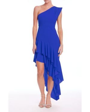 Badgley Mischka Ruffle One-Shoulder Asymmetric Hem Cocktail Dress - Blue