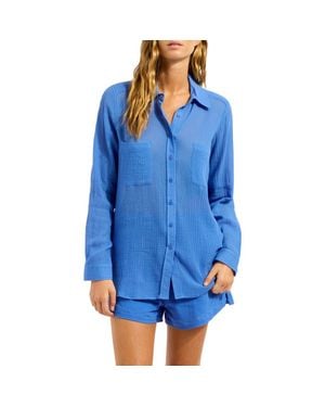 Seafolly Breeze Beach Button-Up Cotton Gauze Cover-Up Shirt - Blue
