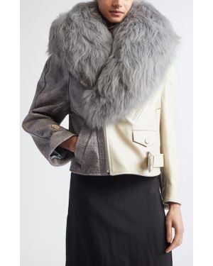 Marni Leather Biker Jacket With Genuine Shearling Collar - Gray