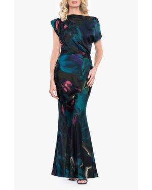 Betsy & Adam Floral Print Satin Gown - Blue