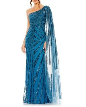 Mac Duggal Sequin One-Shoulder Evening Gown With Sheer Cape Sleeve - Blue