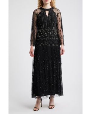 Pisarro Nights Illusion Long Sleeve Beaded A-Line Gown - Black