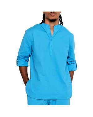 DAI MODA Linen Nehru Collar Shirt - Blue