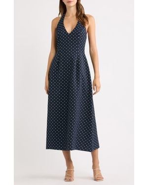 Odd Muse Polka Dot Fit & Flare Halter Neck Midi Dress - Blue