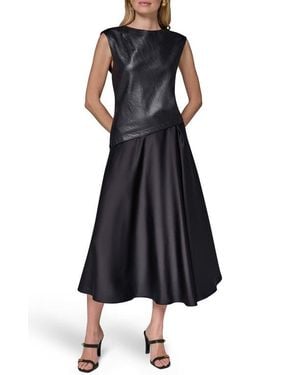 Donna Karan Faux Leather Mixed Media Midi Dress - Black