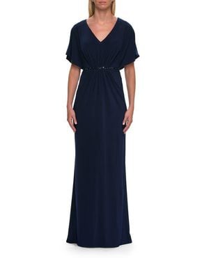 La Femme Flutter Sleeve Jersey Gown With Beaded Waist - Blue