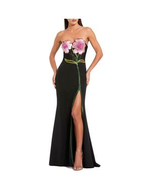 Mac Duggal Strapless Sheer Bustier Crystal Flower Gown - Black