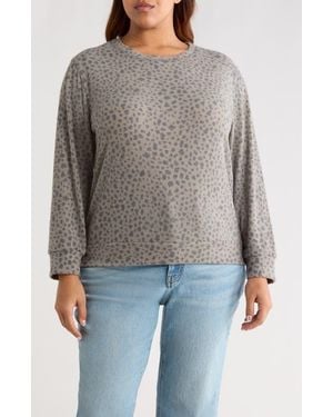 Loveappella Brushed Animal Print Long Sleeve Crewneck Top - Gray