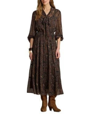 Ralph Lauren Paisley Crinkle Georgette Tiered Midi Dress - Brown
