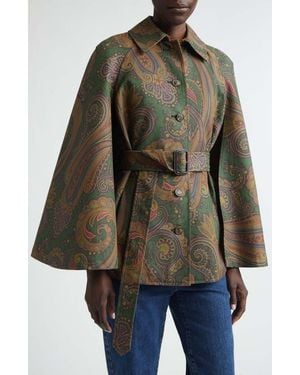 Etro Belted Paisley Gabardine Cape - Green
