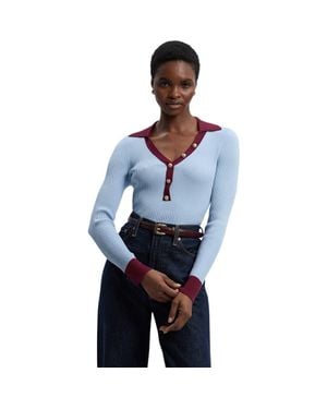 Karen Millen Rib Knit Contrast Hem Collared Top - Blue