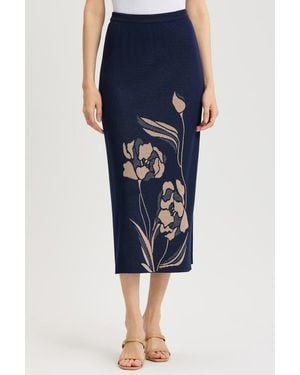 Ming Wang Straight Floral Jacquard Soft Knit Maxi Skirt - Blue