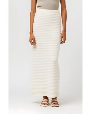 Modenaire Textured Knit Midi Skirt With Ribbed Stripe Pattern And Back Slit - White