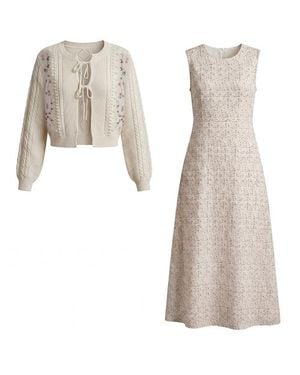 Nonie Eyelet Floral Lined Sweater Dress With Rib Trim Cardigan 2 Piece Set - Natural