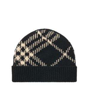 Burberry Core Jacquard Check Cashmere Blend Beanie - Black