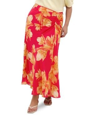 City Chic Soiree Print Ruched Maxi Skirt - Red