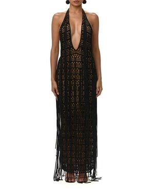 Naked Wardrobe Crochet Fringe Plunge Neck Maxi Dress - Black