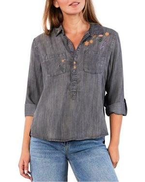 Billy T Floral & Flawless Embroidered Denim Shirt - Gray
