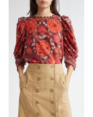 FARM Rio Gigi Tapestry Elbow Sleeve Button Back Top - Red