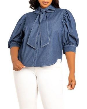 Buxom Couture Bow Neck Denim Shirt - Blue