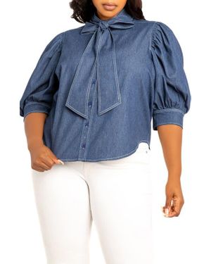 Buxom Couture Bow Neck Denim Shirt - Blue