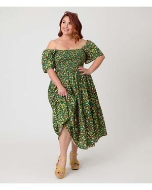 Unique Vintage Plus Size Smocked Bodice Midi Dress - Green