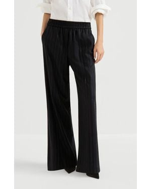 Brunello Cucinelli Comfort Virgin Wool Dazzling Chalk Stripe Loose Track Pants - Black