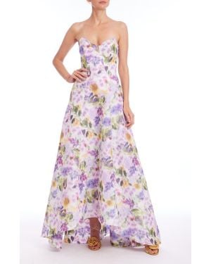 Badgley Mischka Abstract Floral Strapless High-Low Taffeta Gown - White