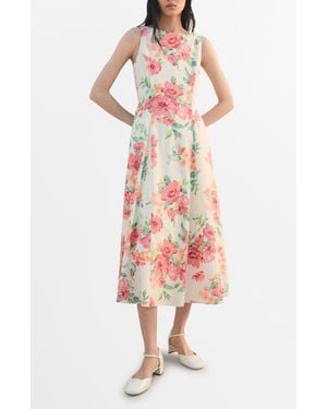 Mango Floral Sleeveless Cotton Midi Dress - White