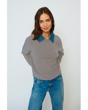 Central Park West Dash Denim Collar Pullover - Gray