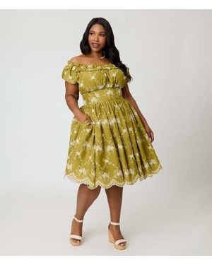 Unique Vintage Plus Size 1950S Off The Shoulder Ruffle Swing Dress - Yellow