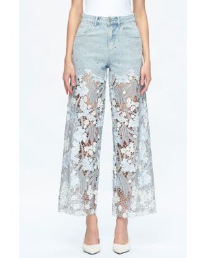 Bayeas High Waist Crystal Embellished Lace Wide Leg Jeans - Blue