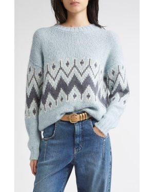 Eleventy Sequin Embellished Fair Isle Alpaca & Mohair Blend Sweater - Blue