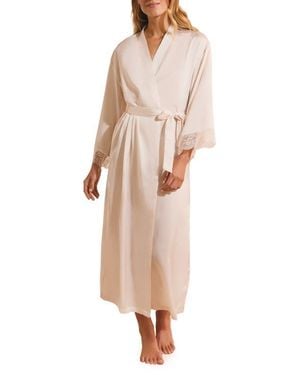 Etam Desire Lace Trim Satin Robe - Natural
