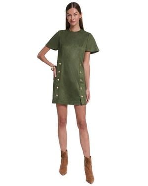 Halston Short Sleeve Suede Shift Dress - Green