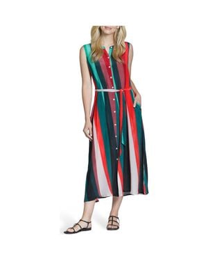 Apny Stripe Belted Midi Shirtdress - Red