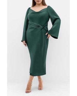 City Chic Adelina Long Sleeve Satin Midi Dress - Green